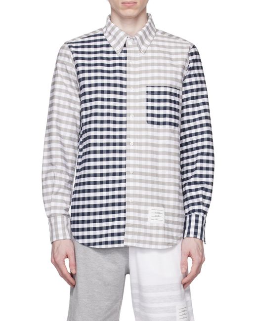 Thom Browne Blue Panelled Gingham Cotton Shirt for men