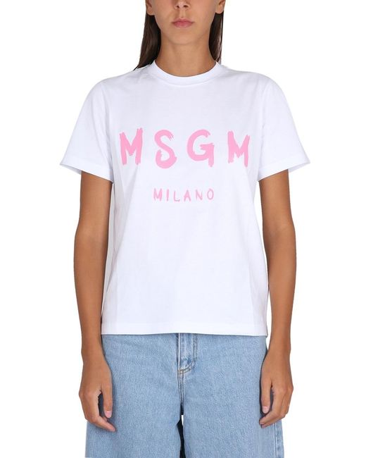 MSGM White Logo Printed Crewneck T-Shirt
