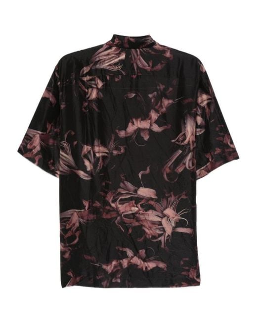 Dries Van Noten Black Short-Sleeved Silk Shirt With Floral Print for men