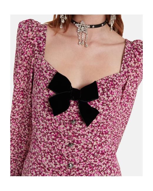 Alessandra Rich Purple Floral Silk Midi Dress