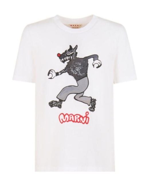 Marni White Graphic Printed Crewneck T-Shirt for men