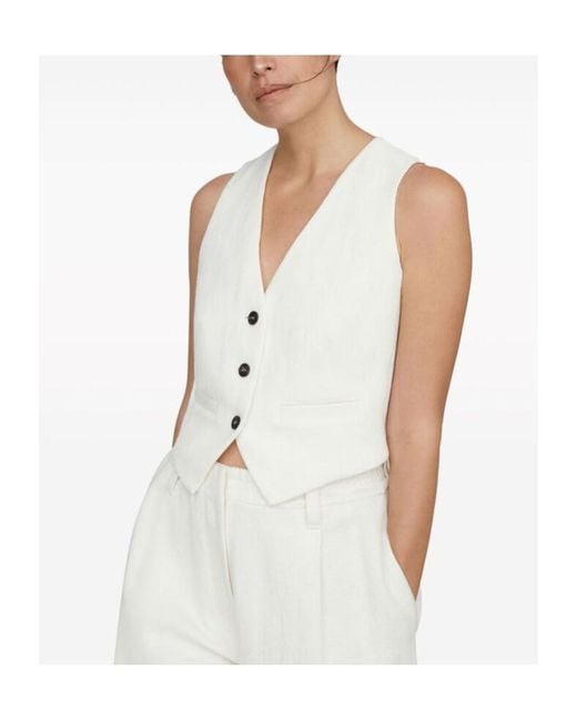 Brunello Cucinelli White Herringbone-Pattern V-Neck Button-Down Gilet