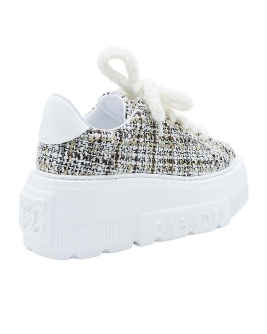 Casadei White Platform Tweed Low-Top Sneakers