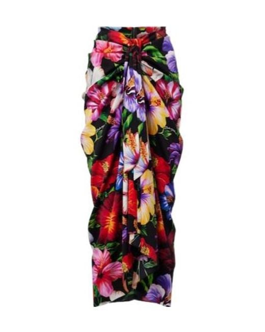 Dolce & Gabbana Red Draped Floral Silk-Blend Midi Skirt