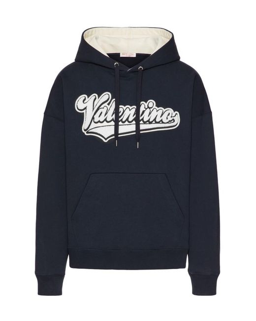 Valentino Blue Logo Flocked Drawstring Hoodie for men