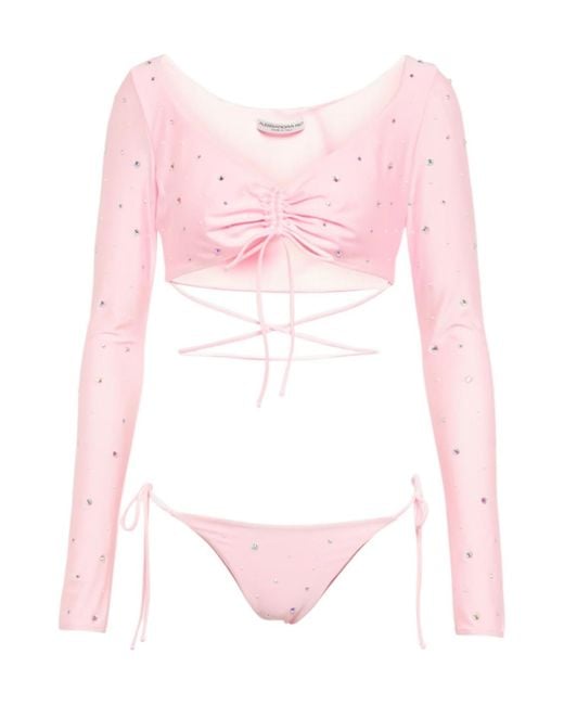 Alessandra Rich Pink Crystal-Embellished Ruched Bikini