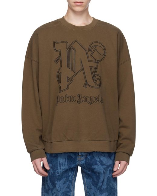 Palm Angels Green Logo Embroidered Crewneck Sweatshirt for men