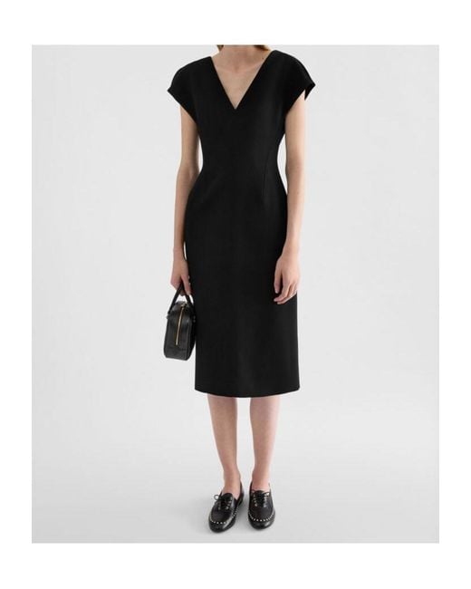 Jil Sander Black Wool Sablé V-Neck Dress