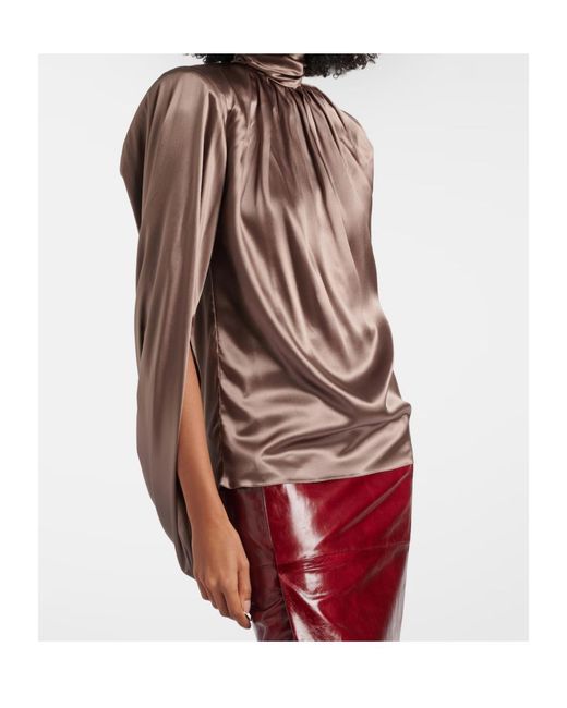 Mugler Brown Draped Silk-Blend Satin Top