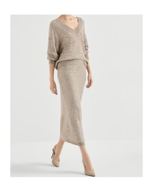 Brunello Cucinelli Gray Elastic-Waistband Midi Skirt