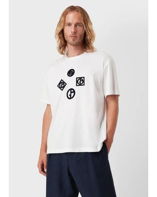 Giorgio Armani White Logo-Patch Cotton T-Shirt for men
