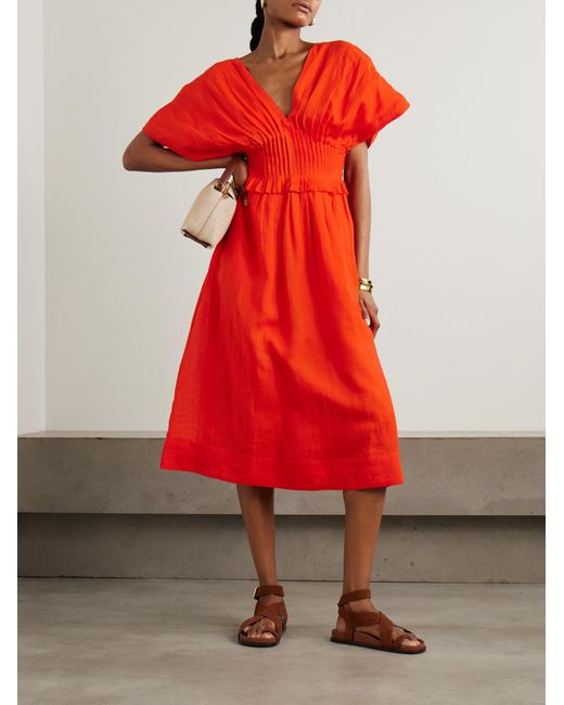 Sea Red Bright V-Neck Midi Dress