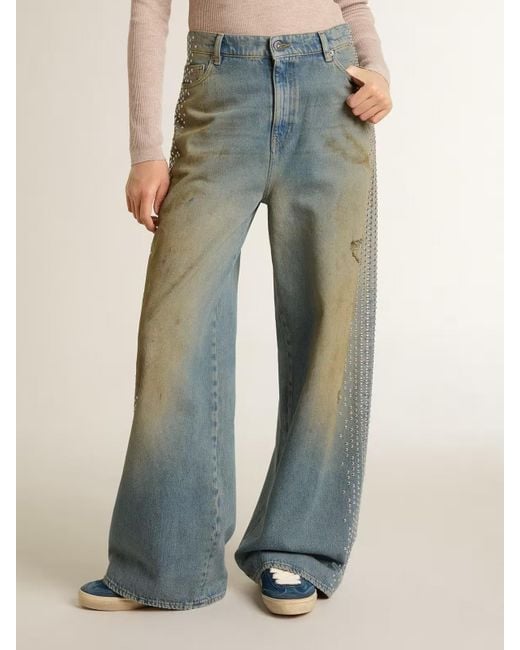 Golden Goose Deluxe Brand Blue Wide-Leg Distressed Embellished Jeans