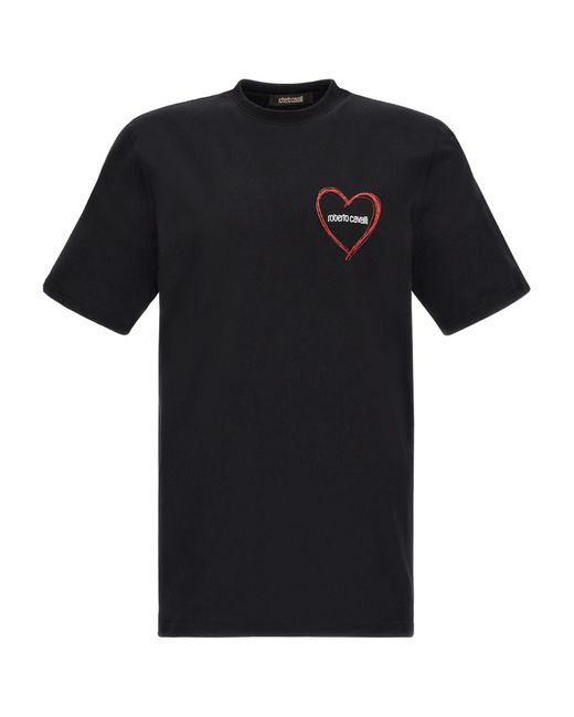 Roberto Cavalli Black Heart-Embroidered Cotton T-Shirt for men