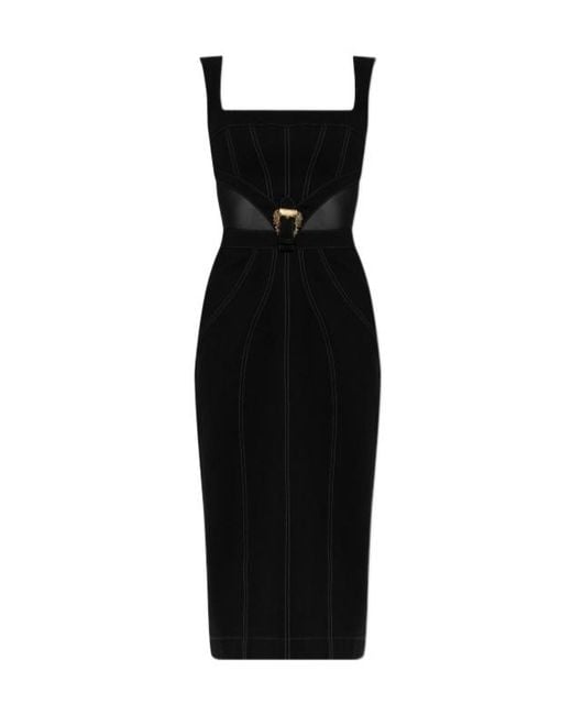 Versace Jeans Black Couture Logo Buckle Fastened Denim Midi Dress