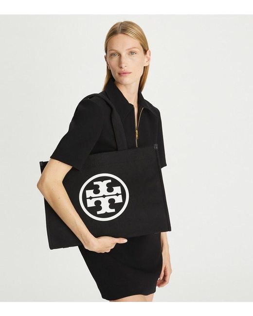 Tory Burch Black Ella Double T Logo Detailed Tote Bag