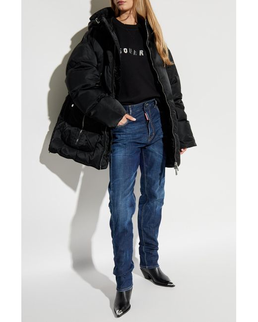 DSquared² Black Logo Printed Quilted Hooded Down Coat