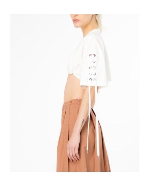 Pinko White Lace-Up Cropped T-Shirt