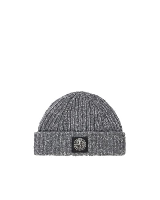 Stone Island Gray Beanie With Compass Patch And Mouliné Texture for men