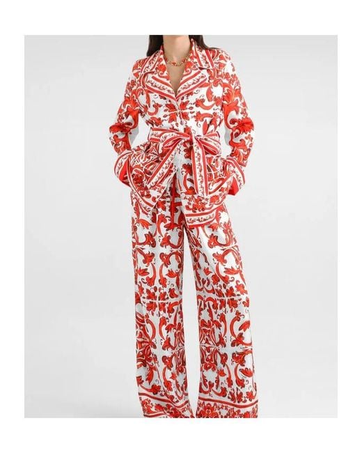 Dolce & Gabbana Red Silk Majolica Print Kimono Shirt