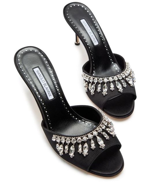 Manolo Blahnik Black Tulimu 70 Crystal-Embellished Satin Mules