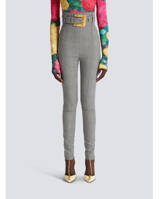 Balmain Gray Checked Belted High-Waist Pants