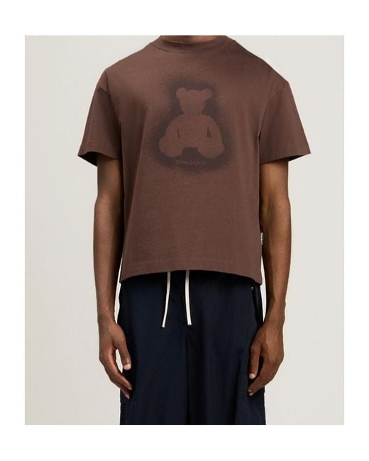 Palm Angels Brown Spray Bear Printed Crewneck T-Shirt for men