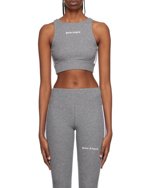 Palm Angels Gray Logo Printed Ribbed Knit Sport Bra
