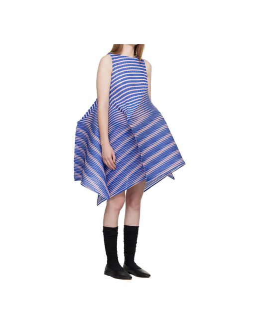 Issey Miyake Blue Striped Asymmetric Dress