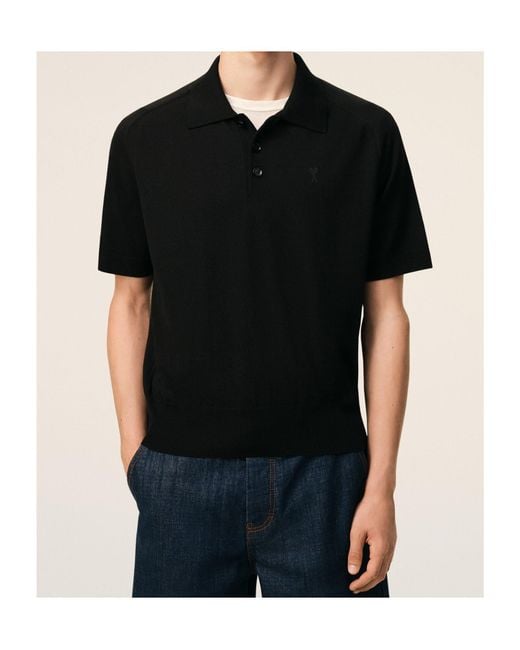 AMI Black Ami Logo Embroidered Ribbed Hem Polo Shirt for men