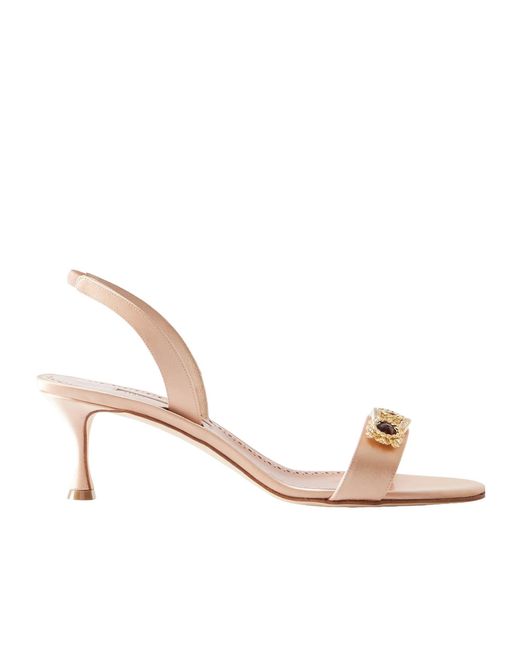 Manolo Blahnik Natural Embellished Satin Slingback Sandals