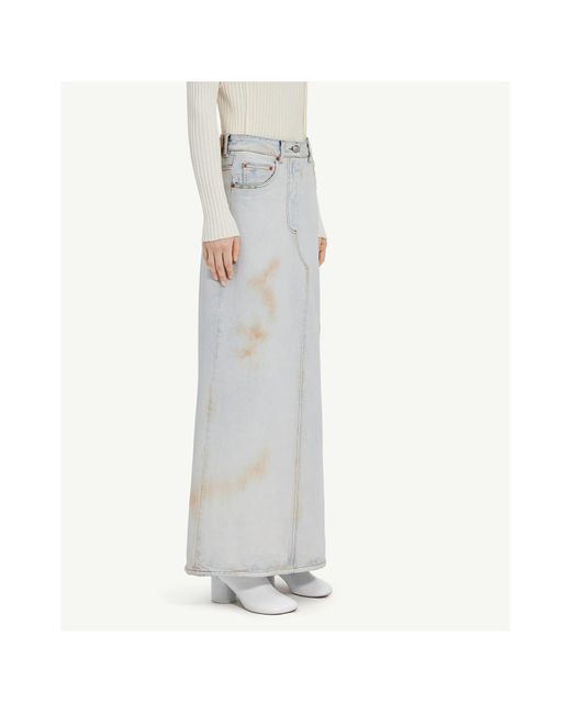 MM6 by Maison Margiela White Logo-Patch Distressed Denim Midi Skirt
