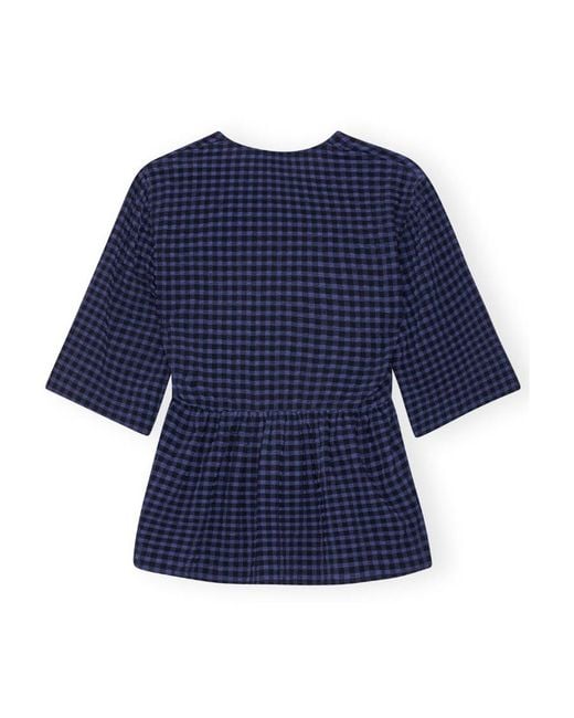 Ganni Blue Checkered Seersucker V-Neck Peplum Blouse