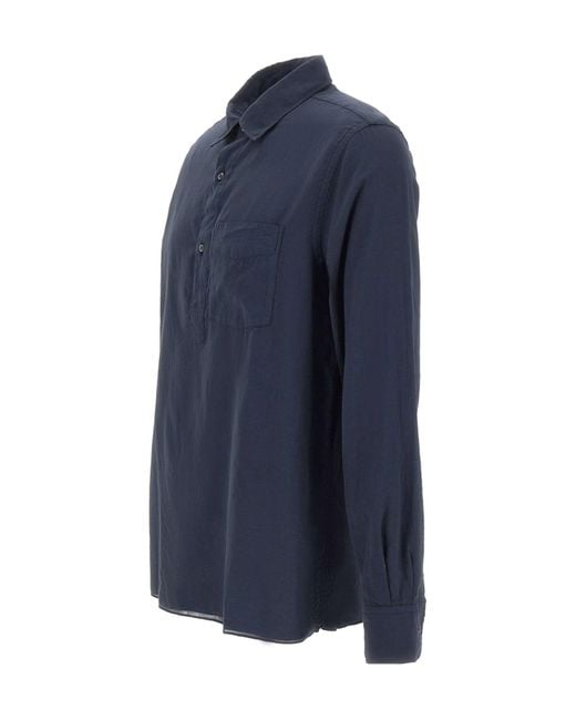 Aspesi Blue Long-Sleeved Curved Hem Shirt for men