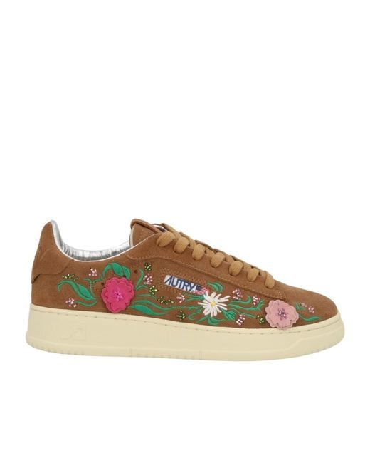 Autry Brown Floral-Embroidered Dallas Lace-Up Sneakers