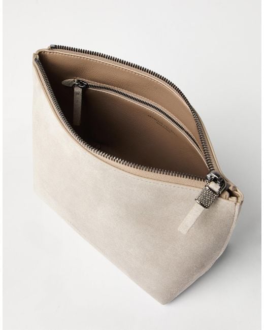 Brunello Cucinelli White Suede Pouch With Shiny Zipper Pull