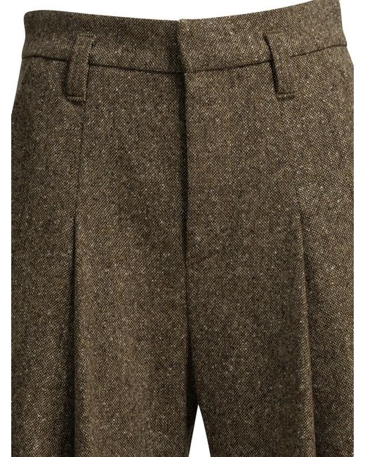 Brunello Cucinelli Natural Virgin-Wool Donegal Pleated Barrel Trousers With Monili