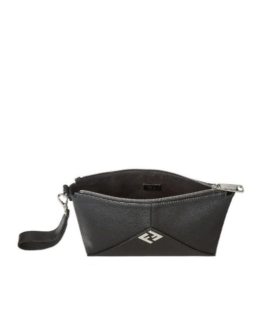 Fendi Black Lui Logo Plaque Zipped Clutch Bag for men