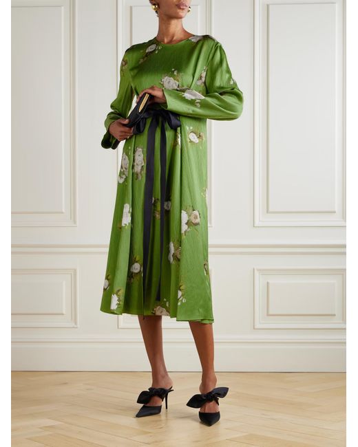 Erdem Green Bow-Detailed Floral-Print Plissé-Satin Midi Dress