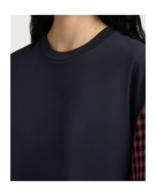 Marni Blue Deep Cotton T-Shirt With Checked Shirt Sleeves