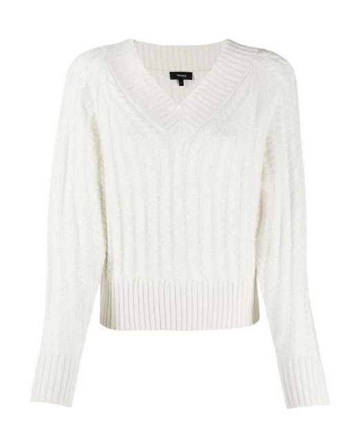 Theory White V-Neck Cable Knit Jumper