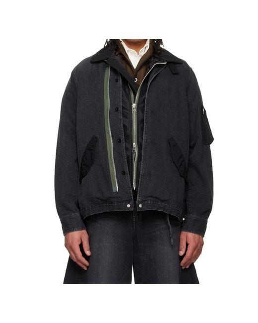 Sacai Black Panelled Zip Denim Jacket for men