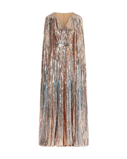 Elie Saab Natural Cape-Effect Sequined Tulle Gown
