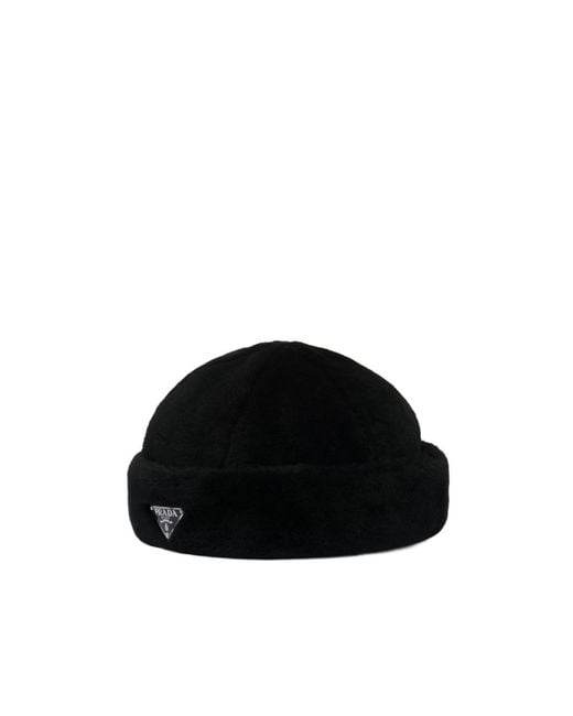 Prada Black Triangle Logo-Appliqué Turn-Up Brim Beanie for men