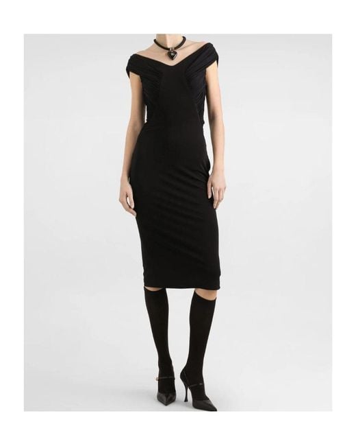 Dolce & Gabbana Black Wide Neck Fitted Midi Dress