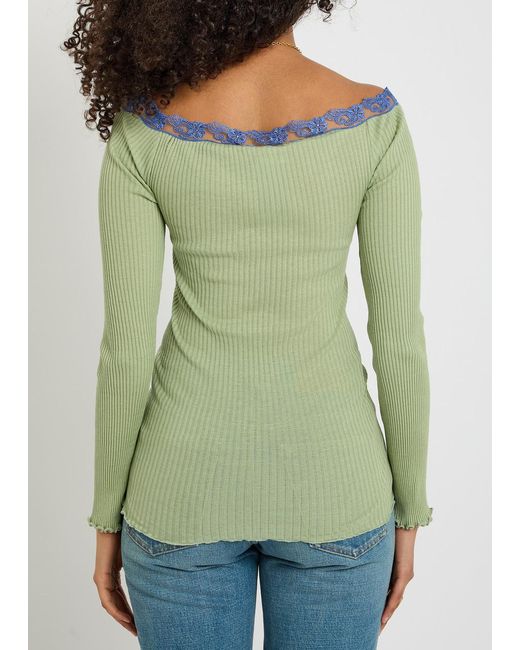 Chloé Green V-Neck Lace Trim Top