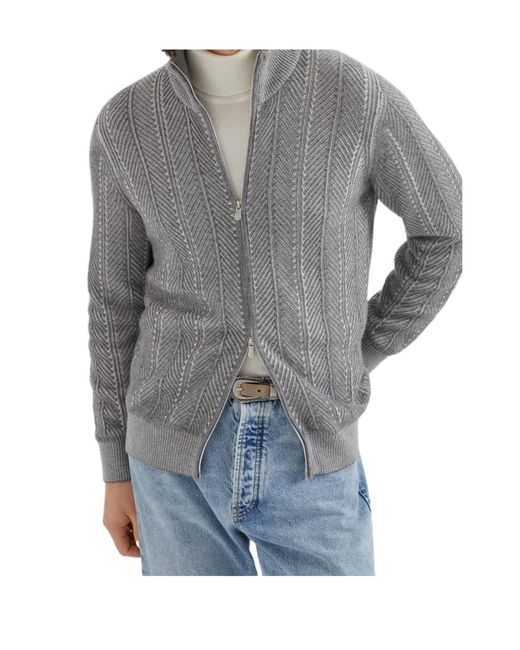 Brunello Cucinelli Gray Long-Sleeved Zip-Up Cardigan for men