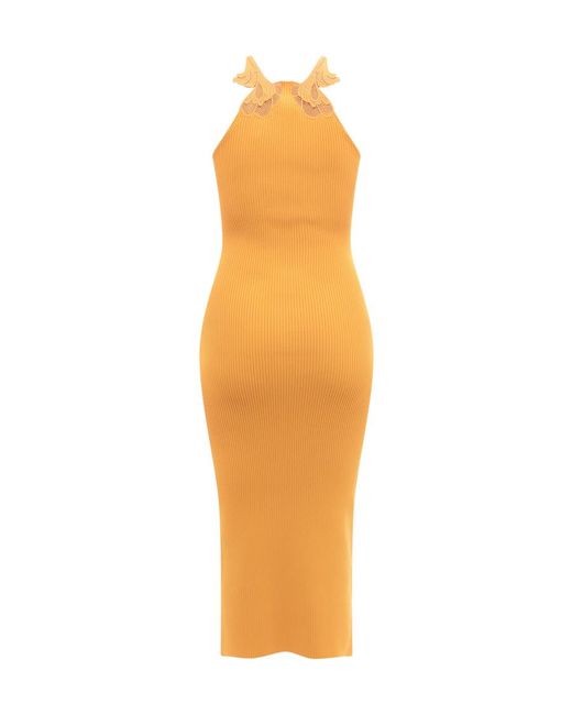 Self-Portrait Orange Lace Detailed Halter Neck Midi Dress