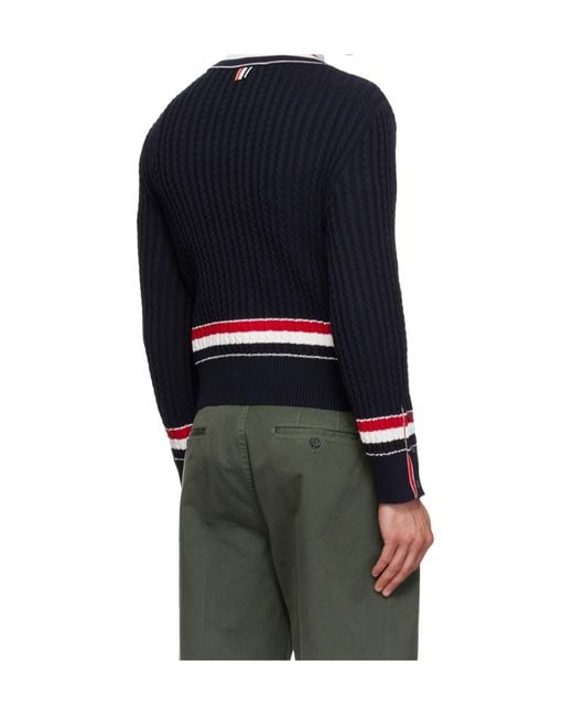 Thom Browne Blue Rwb Intarsia-Knit V-Neck Jumper for men