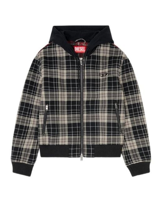 DIESEL Black Check-Flannel Bomber Jacket With Teddy Interior for men